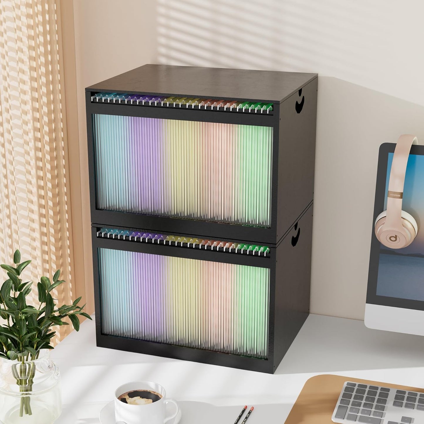 Bamboo Hanging File Boxes with Lids 2 Pack, File Organizer Box for Letter/Legal File, File Box with Hanging Folders Acrylic Light Easy Assembly File Storage Boxes for Home Office, Black