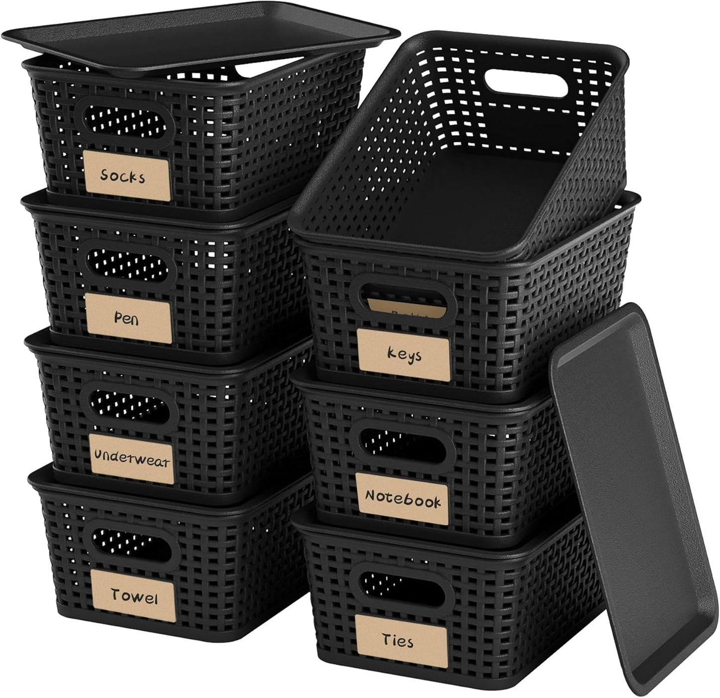 8-Pack Black Plastic Storage Baskets with Lids, Label Organizers, Stackable Organizer Containers: For Organizing Shelves, Drawers, Desk Closets, Playrooms, Classrooms, Offices