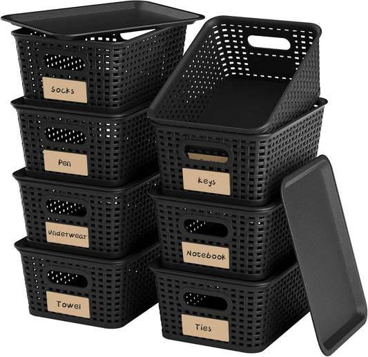 8-Pack Black Plastic Storage Baskets with Lids, Label Organizers, Stackable Organizer Containers: For Organizing Shelves, Drawers, Desk Closets, Playrooms, Classrooms, Offices