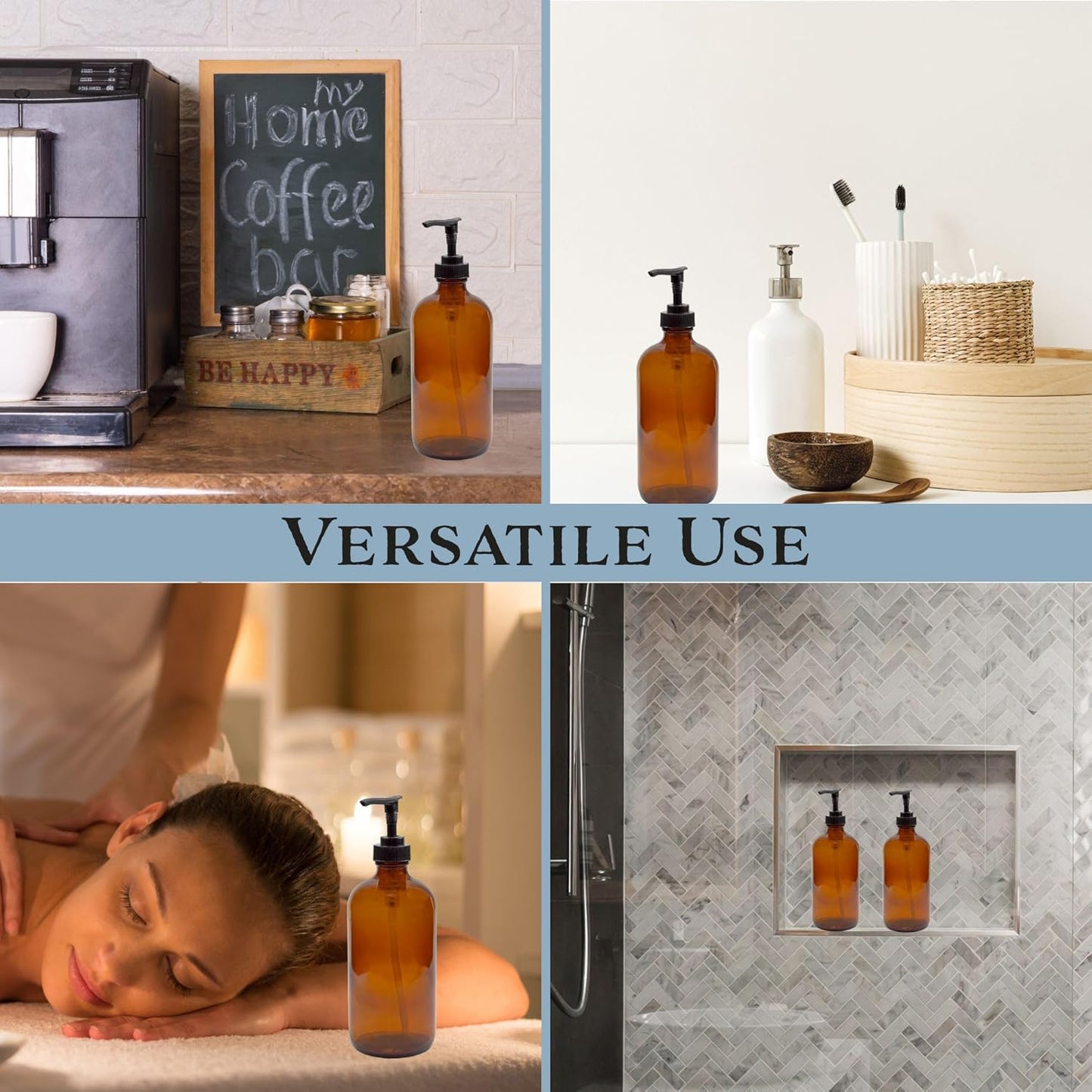 Cornucopia Brands 16oz Amber Glass Bottles w/ Pump Dispensers (2-Pack); Refillable Lotion Liquid Soap Pump Brown Bottles Labels, BPA-Free Plastic Tops