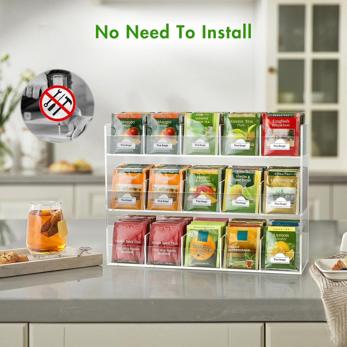 BEYGORM Acrylic Tea Bag Organizer for 270 Tea Packets, No Assembly Required Display Holder for Countertop, Vertical Tea Bag Caddy for Cabinet, Tea bar Accessories, Teabags Storage Containers