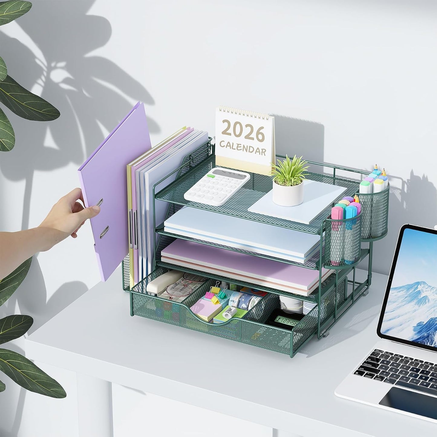 gianotter 4-Tier Desk Organizer with Drawers, File Holders, Letter Trays and Pen Holders - Workspace Accessories for Office Supplies (Green)