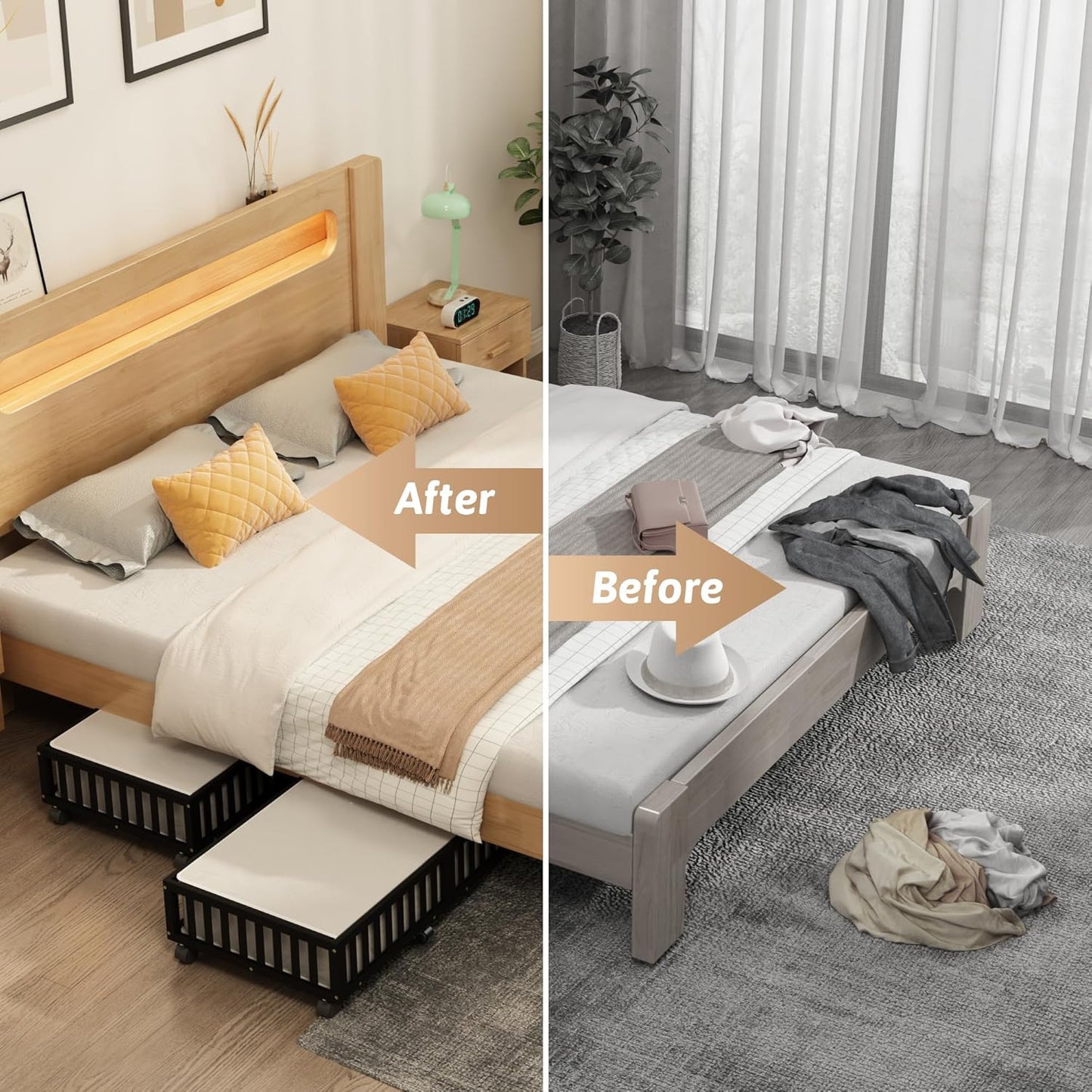 Bamboo Under Bed Storage Containers with Wheels, 2 Pack Large Under the Bed Shoe Storage Bins, Wood Rolling Underbed Drawers Organizer for Bedroom Closet Clothes Blanket Under Crib Toy Black