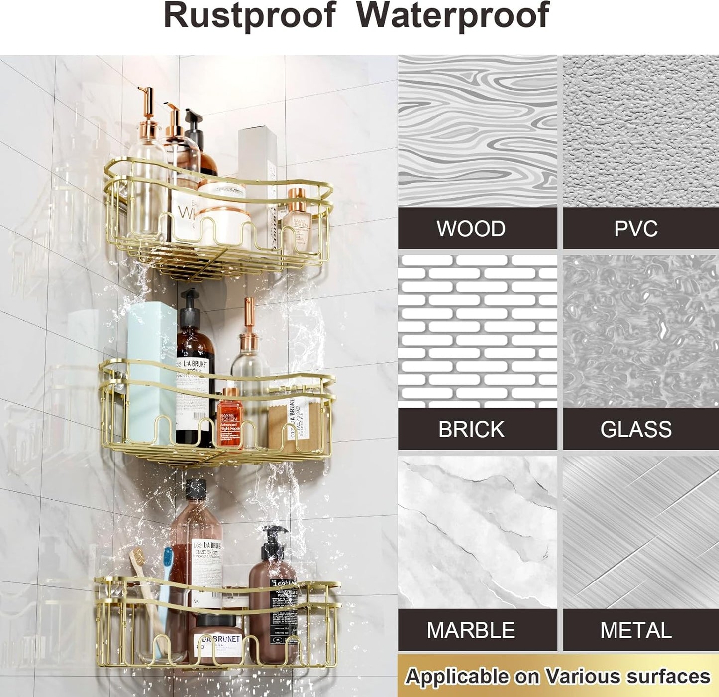 Gold corner shower caddies with depth caddy and Built in 12 hooks rustproof wall mounted No drilling No marring adhesive bathtub corner organizer for bathroom kitchen and laudry room