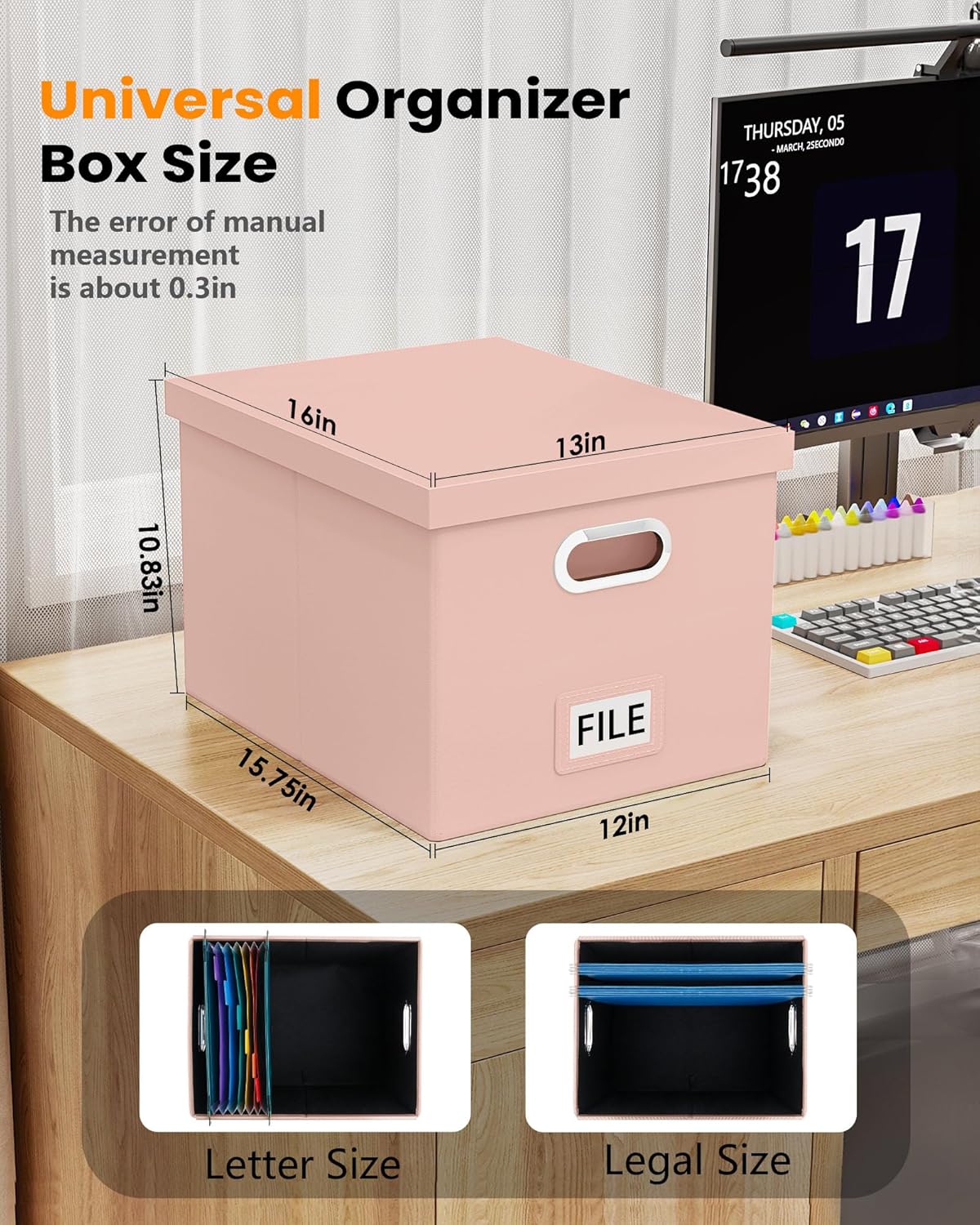 2 Pack File Storage Organizer, Portable File Box with Lid, Fit for Letter/Legal File Folder Storage, Cream-pink (Leather) Box