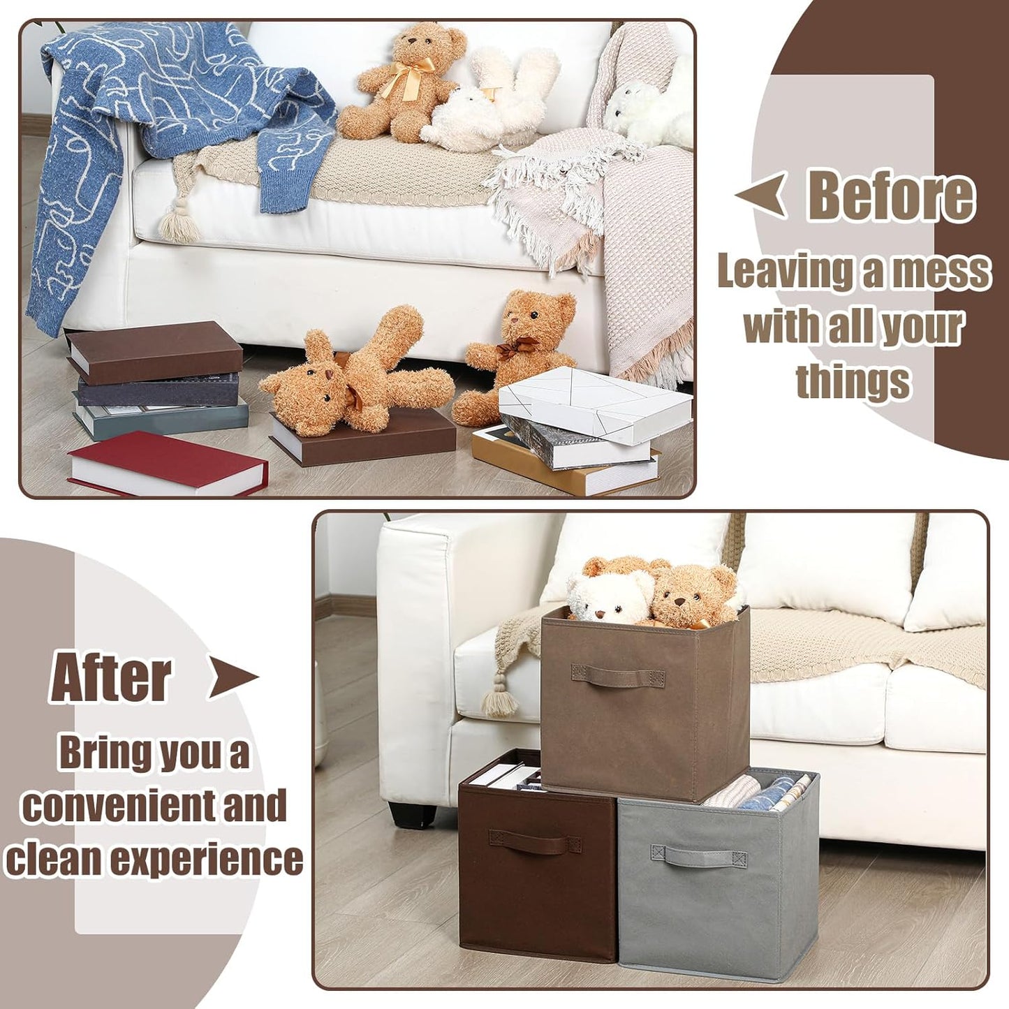 Karenhi 11" x 10. 5" x 10. 5" Brown Gray Storage Cube, 6 Pack Fabric Cube Storage Bins Organizer Box, Collapsible Baskets with Handles Foldable Shelf for Cloth Toys Home Room Closet, Pack of 6