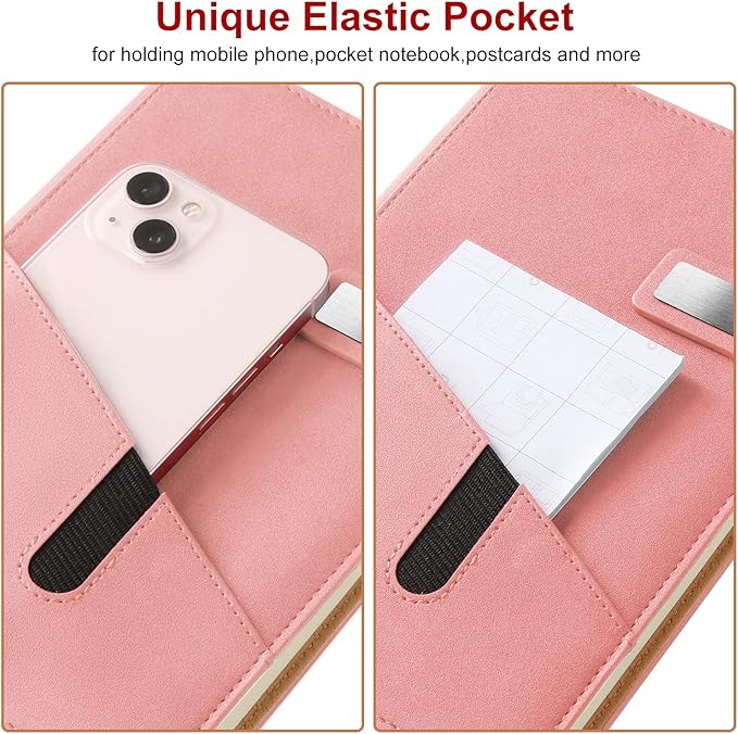A5 Lined Leather Notebook and Pen Set with Gift Box, 243 Pages Refillable Journal with Pocket and Magnetic Buckle, Hardcover Daily Diary for Men and Women Business Travel Personal Writing- Pink