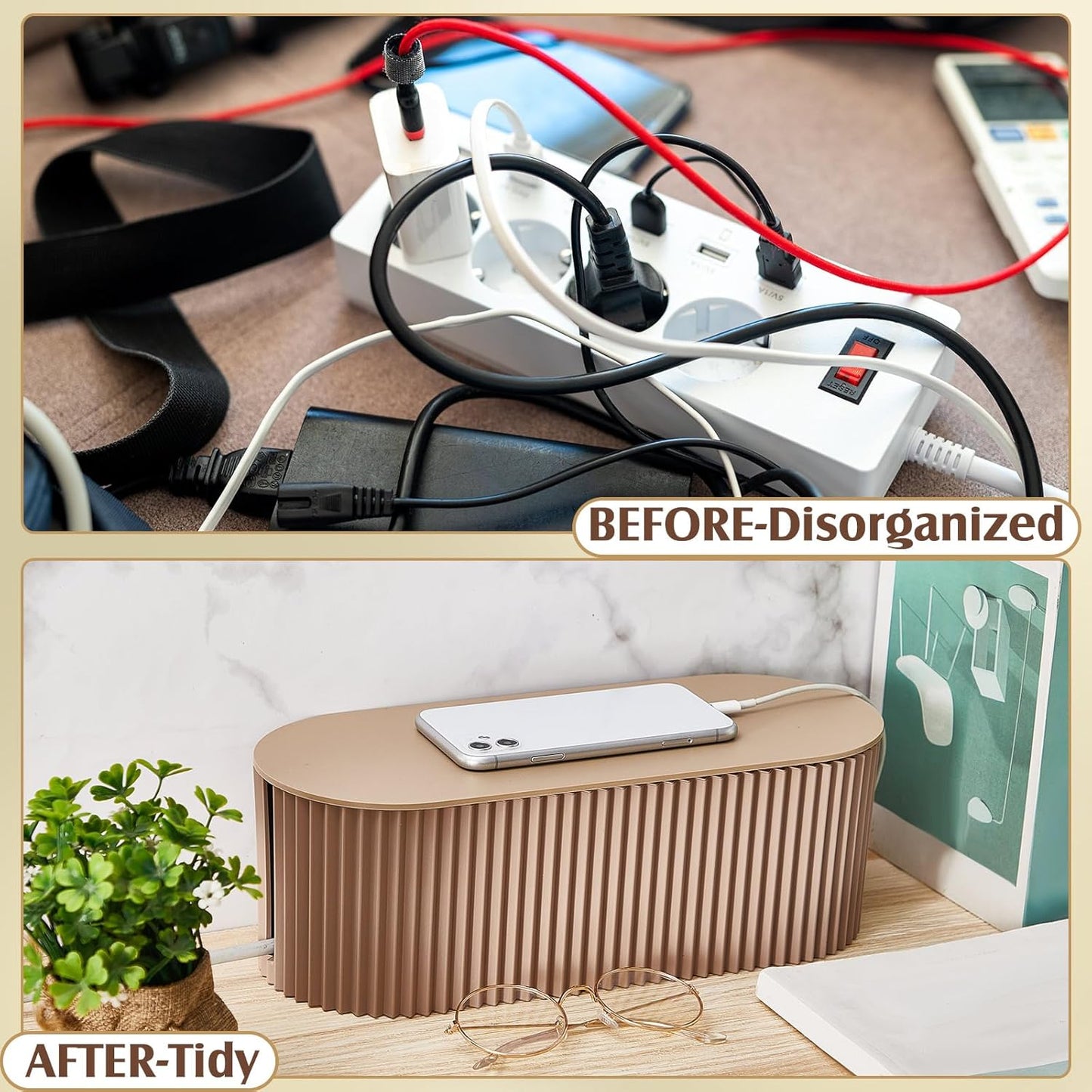 Marsui 2 Pcs Cable Management Box Cord Hider Organizer with 46 Pcs Cable Management Kit Wire Box for Power Strips Surge Protectors Desk TV Computer Wires Home Office(Light Coffee)