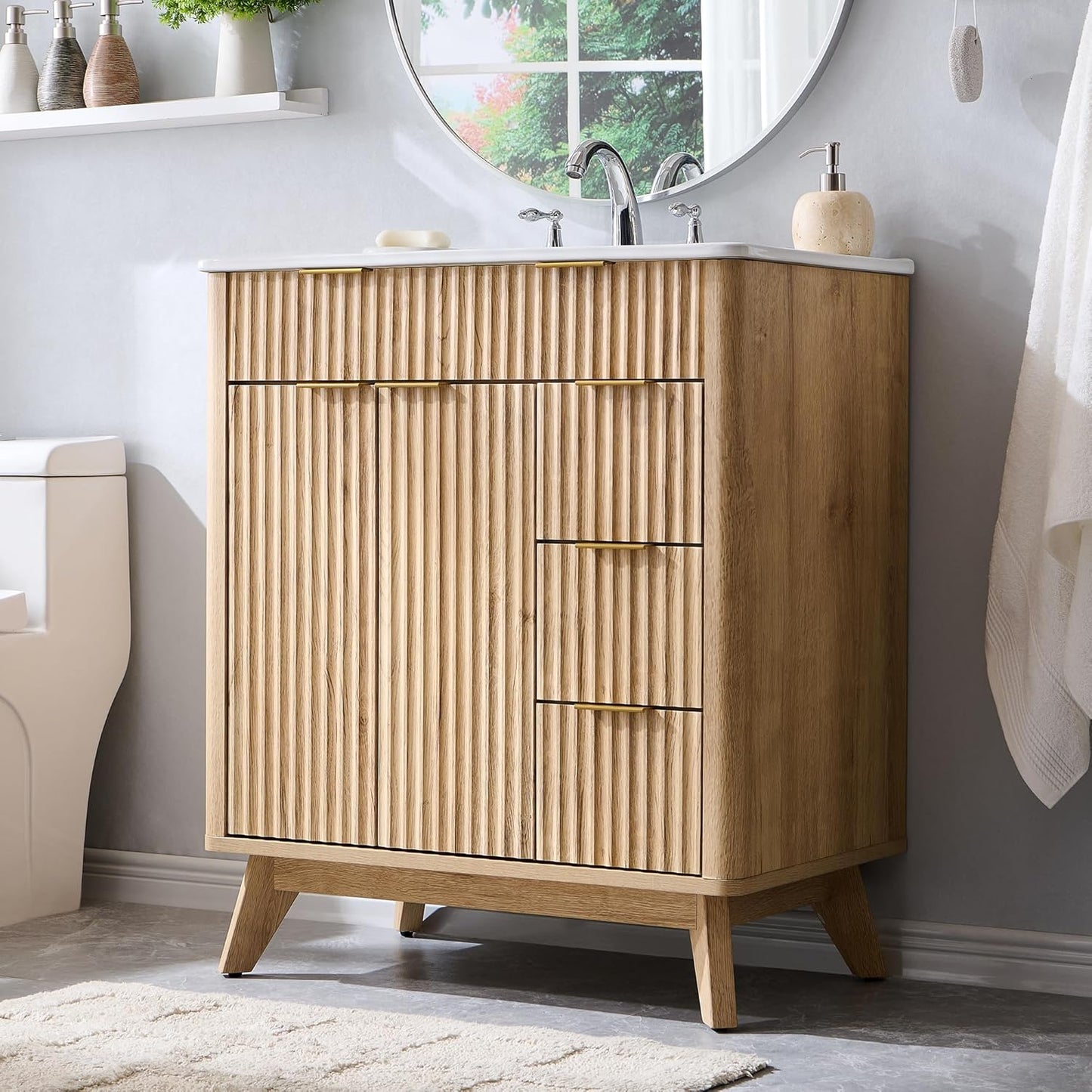 T4TREAM 30" Fluted Bathroom Vanity with Ceramic Sink Combo，Freestanding Modern Bathroom Storage Vanity Cabinet with 2 Soft Closing Doors & 3 Drawers，Wood Grain Texture，Metal Handle，Natural Oak