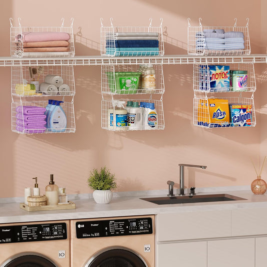 3-Tier Hanging Laundry Basket Organizer：Foldable Wire Shelf Laundry Room Organizer with 360°Rotating Hooks Small Space Solutions Closet Hanging Organizer - Laundry Organization, White Patent