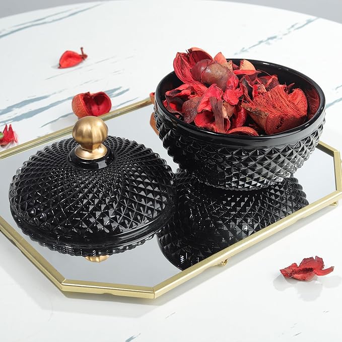 Joeyan 12 oz Small Black Glass Jars with Lid,Embossed Glass Candy Dishes,Diamond Faceted Food Container,Decorative Jewelry Box Apothecary Canisters,Colored Kitchen Bathroom Buffet Storage Organizer