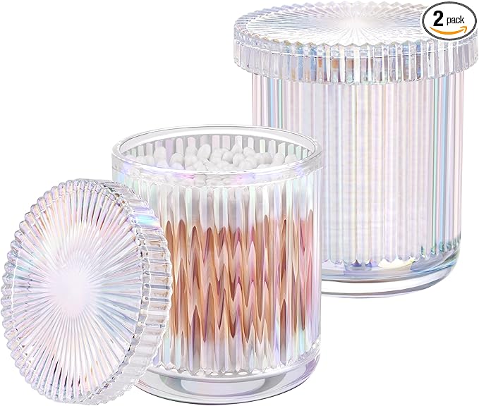 2 Pack Qtip Holder - Apothecary Jars with Lids, Bathroom Organizers and Storage Canister for Cotton Balls,Swabs,Floss Picks,Hair Ties,Clear Glass Vintage Bathroom Decor Jar Set (Iridescent)