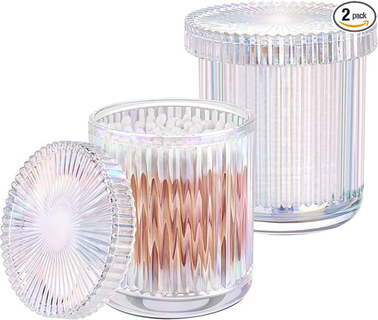 2 Pack Qtip Holder - Apothecary Jars with Lids, Bathroom Organizers and Storage Canister for Cotton Balls,Swabs,Floss Picks,Hair Ties,Clear Glass Vintage Bathroom Decor Jar Set (Iridescent)