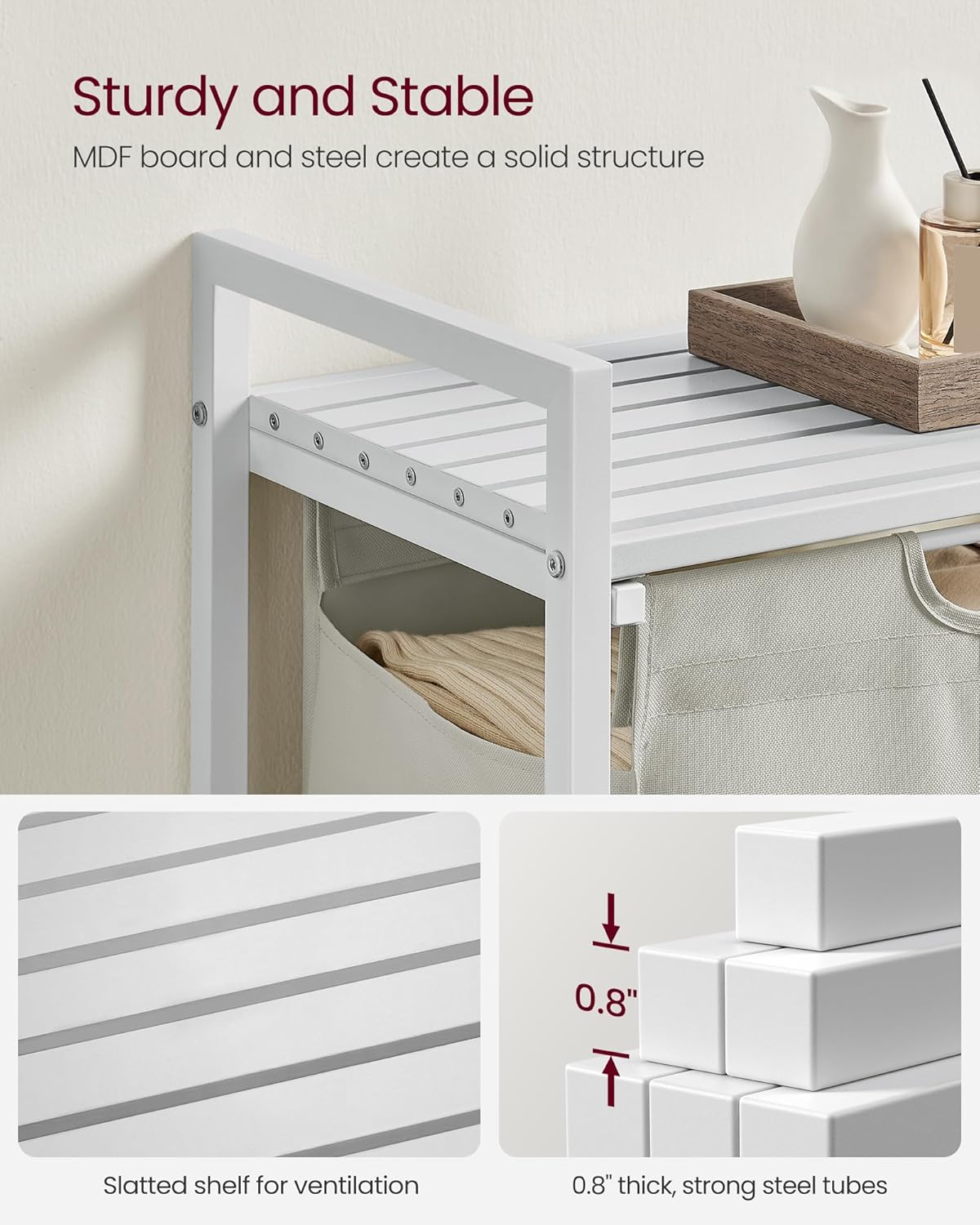 VASAGLE Laundry Hamper, Laundry Basket, Laundry Sorter with A Pull-Out and Removable Bag, Shelf, Metal Frame, 17.2 Gallons (65 L), 19.7 x 13 x 28.4 Inches, Cream White and Cloud White UBLH101W01