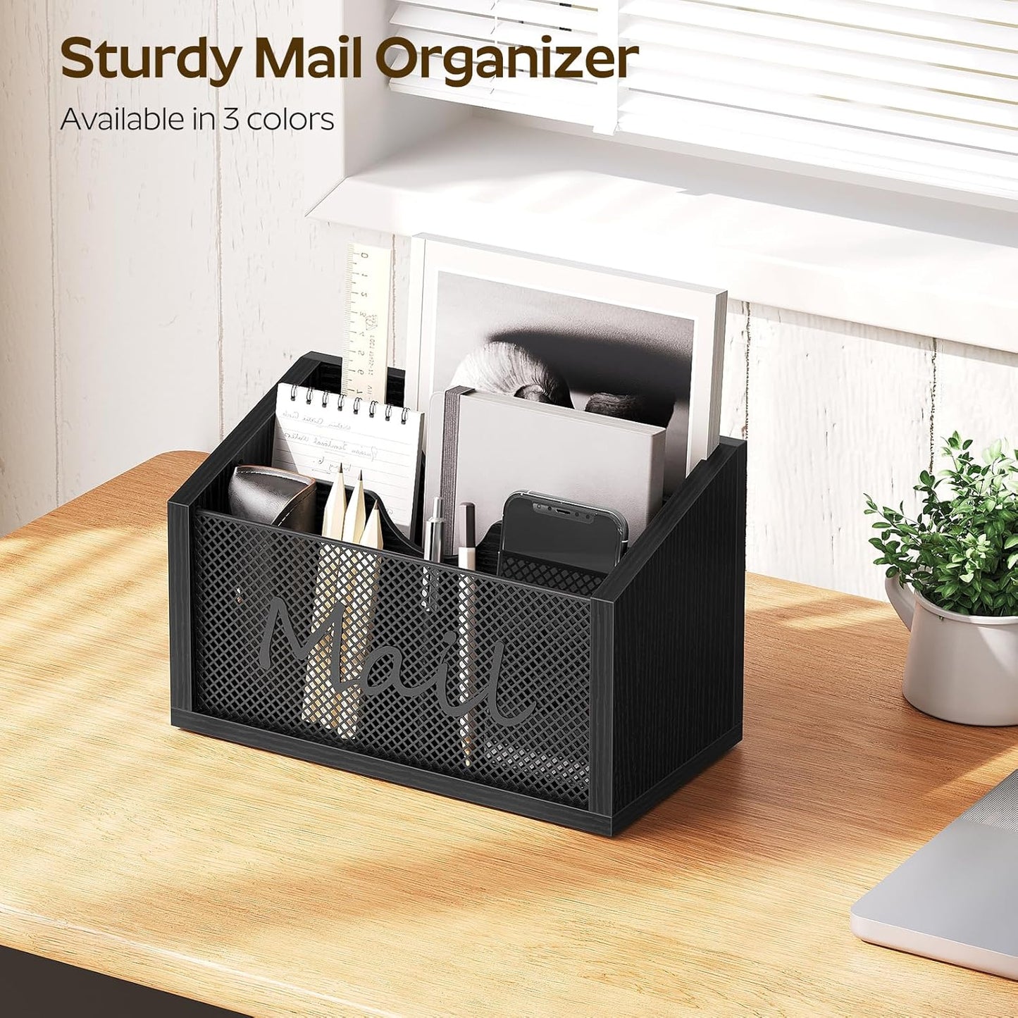 Mail Organizer Countertop, Mail Holder with 3 Slots, Mail Sorter for Desk, Wooden Office Desk Organizer, Mail Organizer for Magazines, Files, Papers, Folders, Black MR03BB