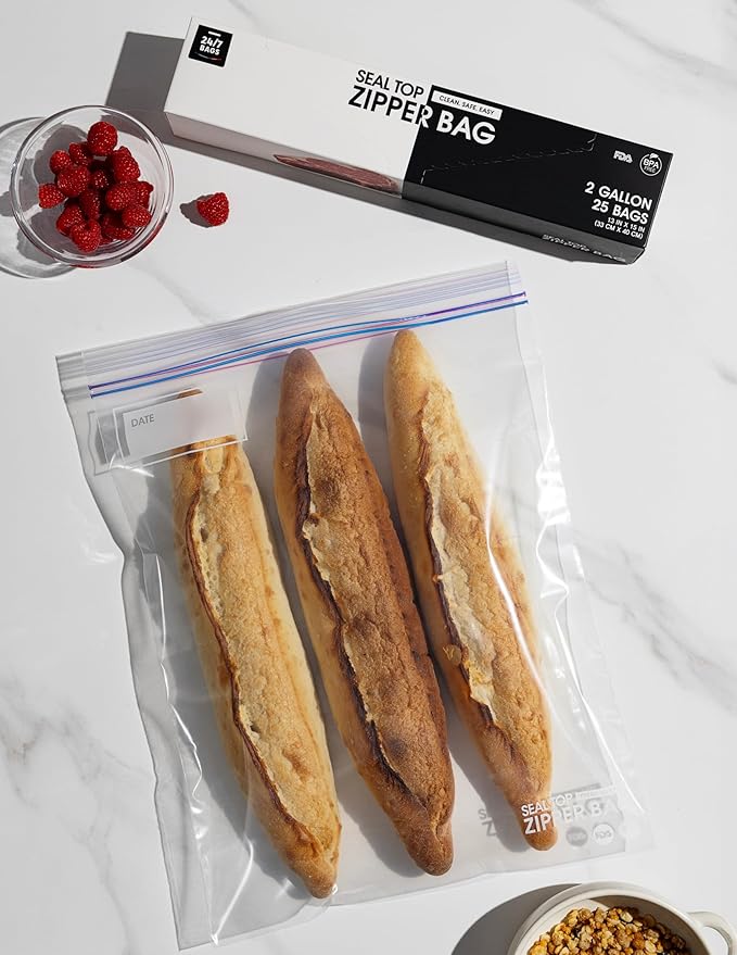 24/7 Bags- 2 Gallon Food Storage Bags, 25 Count, Double Zipper Seal, 2.5 Mil Thick, Easy Grip Open Tabs, Write-On Space, BPA-Free, Microwave Safe, Non-StandUp