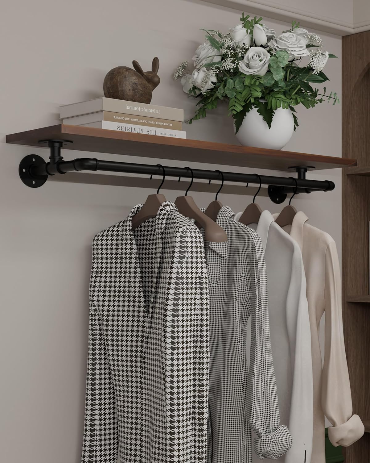 Clothes Rack 42in, Wall Mounted Garment Rack with Real Walnut Wood Shelf, Heavy Duty Hanging Clothes Rack, Multi-Purpose Hanging Rod, Space-Saving Closet Storage