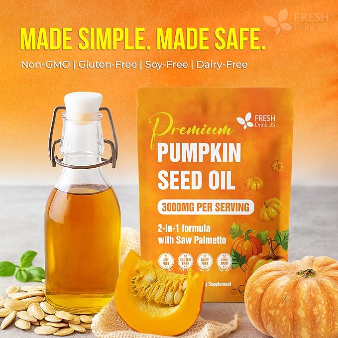 FreshDrinkUS, 330 Premium Pumpkin Seed Oil Softgels with Saw Palmetto, 3000mg Per Serving, Cold Pressed, Pure Virgin Oil, Great Hair Support, Non-GMO, Gluten-Free, Vegan