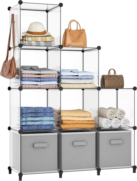 HOMIDEC Closet Organizers and Storage, 9 Cube Storage Organizer, Portable Closet Organizer Storage Cubes Shelves for Clothes, Bedroom, Wardrobe, Kids Room, Bathroom, Transparent
