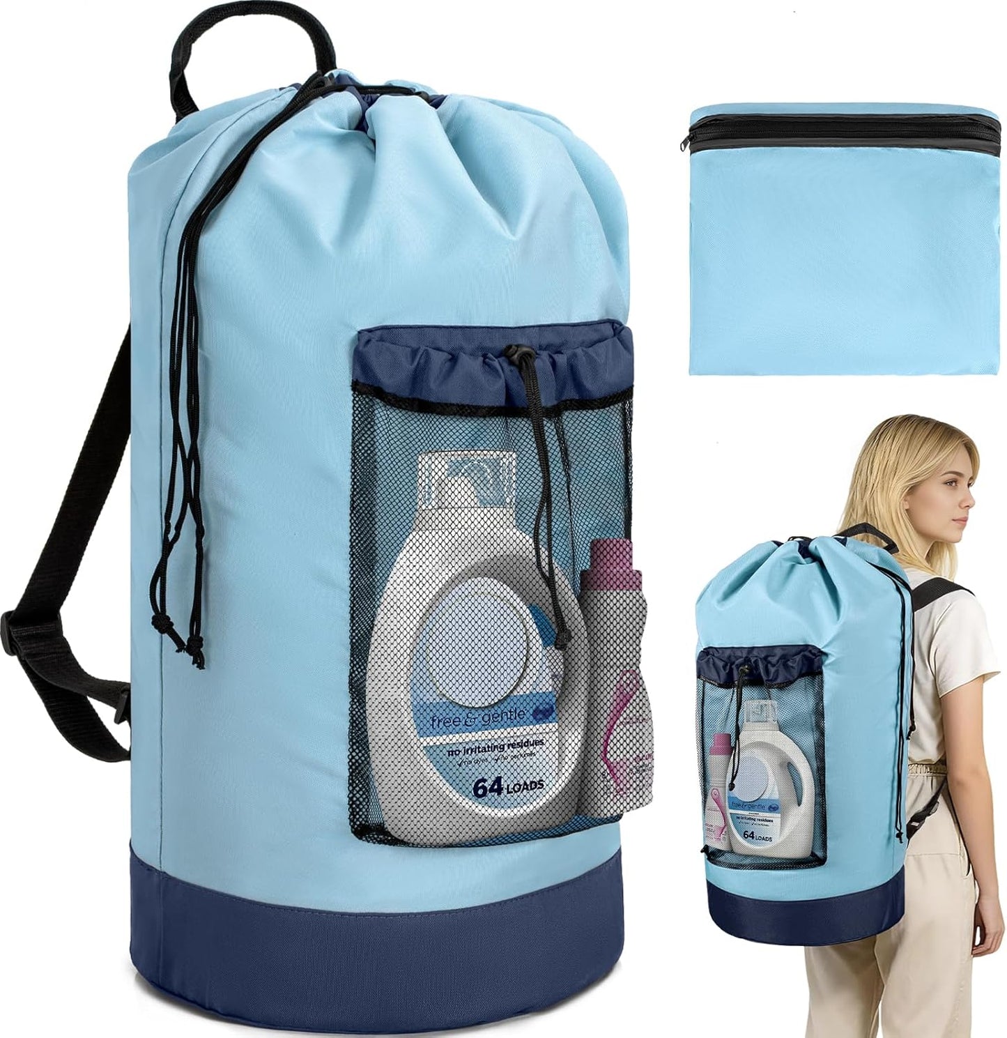 Laundry Bag Backpack with Shoulder Straps and Mesh Pocket Foldable Clothes Hamper Bag with Drawstring Closure for College, Apartment, Laundromat (Light Blue)