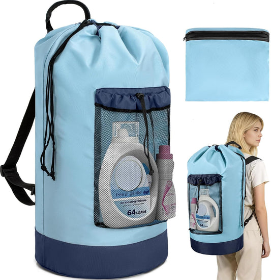 Laundry Bag Backpack with Shoulder Straps and Mesh Pocket Foldable Clothes Hamper Bag with Drawstring Closure for College, Apartment, Laundromat (Light Blue)