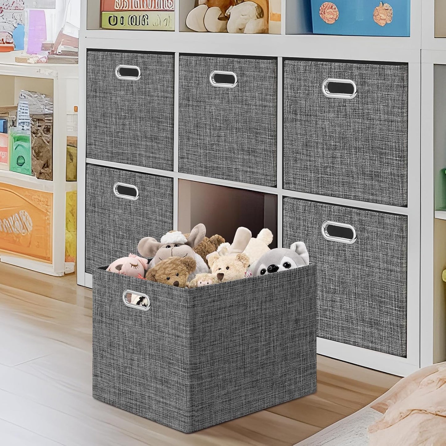 Posprica 15.12"x12.13"x12.01" Storage Cube Bins, Linen Decorative Closet Storage Organizer for IKEA Kallax, 4 Pack Fabric Foldable Large Storage Baskets for Closet, Shelves, Clothes, Toy (Black)