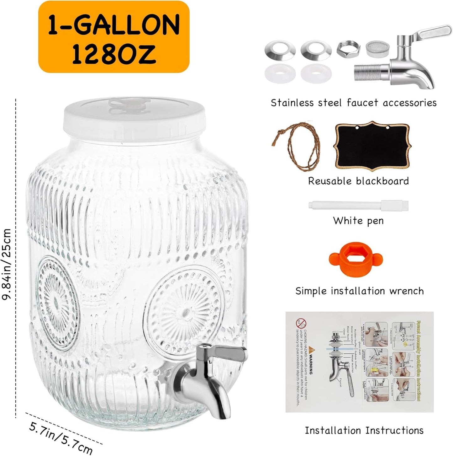 Amzcku 1 Gallon Glass Beverage Dispenser, 18/8 Stainless Steel Spigot and Lid With Ventilation Holes- Glass Drink Dispensers for Parties - Mason Jar Drink Dispensers with Lids