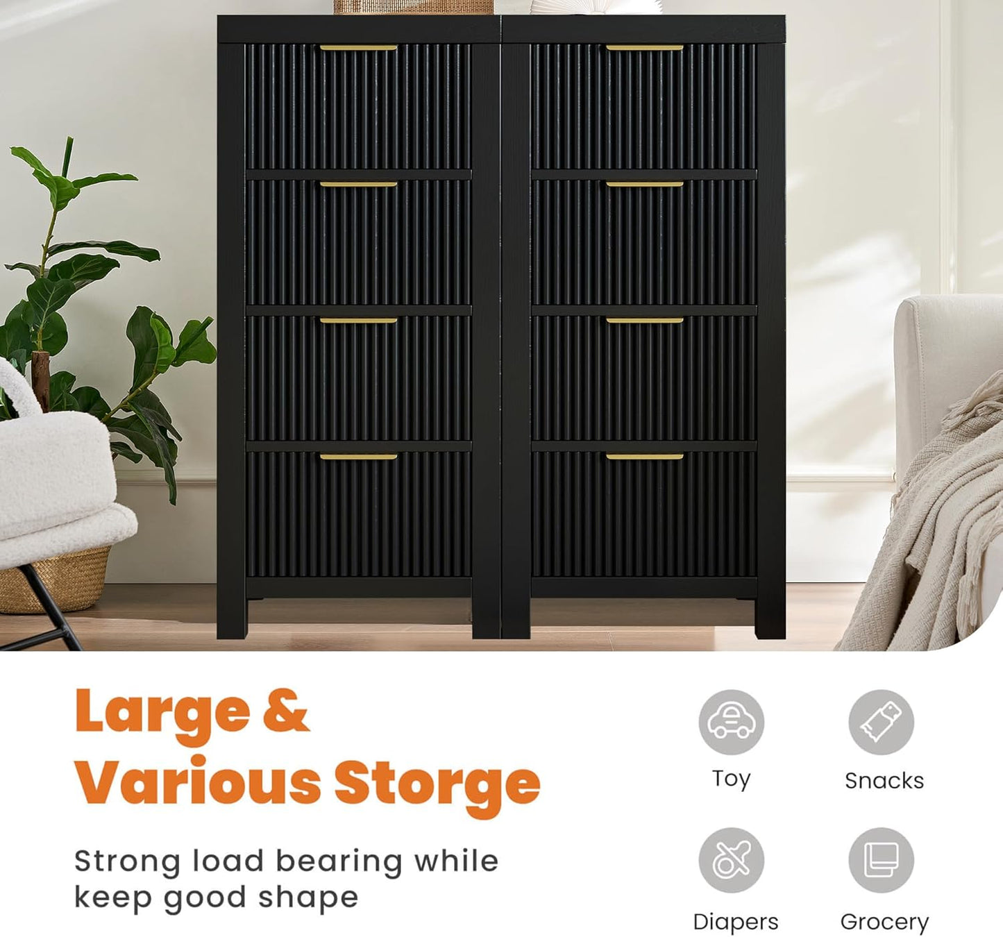 Mid-Century Modern Tall Wooden Dresser with 8 Spacious Drawers, Entryway Storage Chest with Smooth Metal Handles, Bedroom Clothes Organizer for Entryway, Office, and Small Spaces, Black X2
