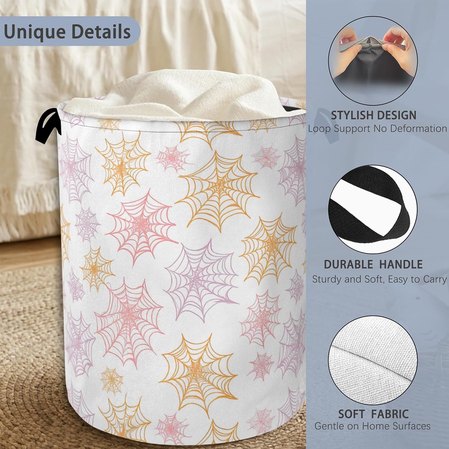 Colorful Spider Web Laundry Basket,Halloween Foldable with Handles Tote Bag Oxford Cloth for Bathroom Bedroom Dirty Clothes Storage Bucket 16" x 20.8"