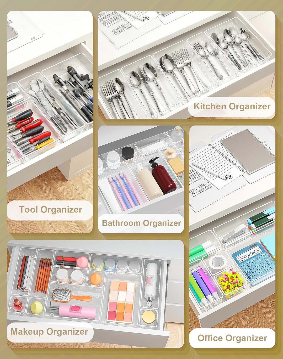 15Pcs Clear Plastic Drawer Organizers Set, 4size makeup drawer organizer trays for vanity/desk/bathroom/office/nightstand/gadgets for kitchen/desk drawer, Versatile drawer divider storage bins