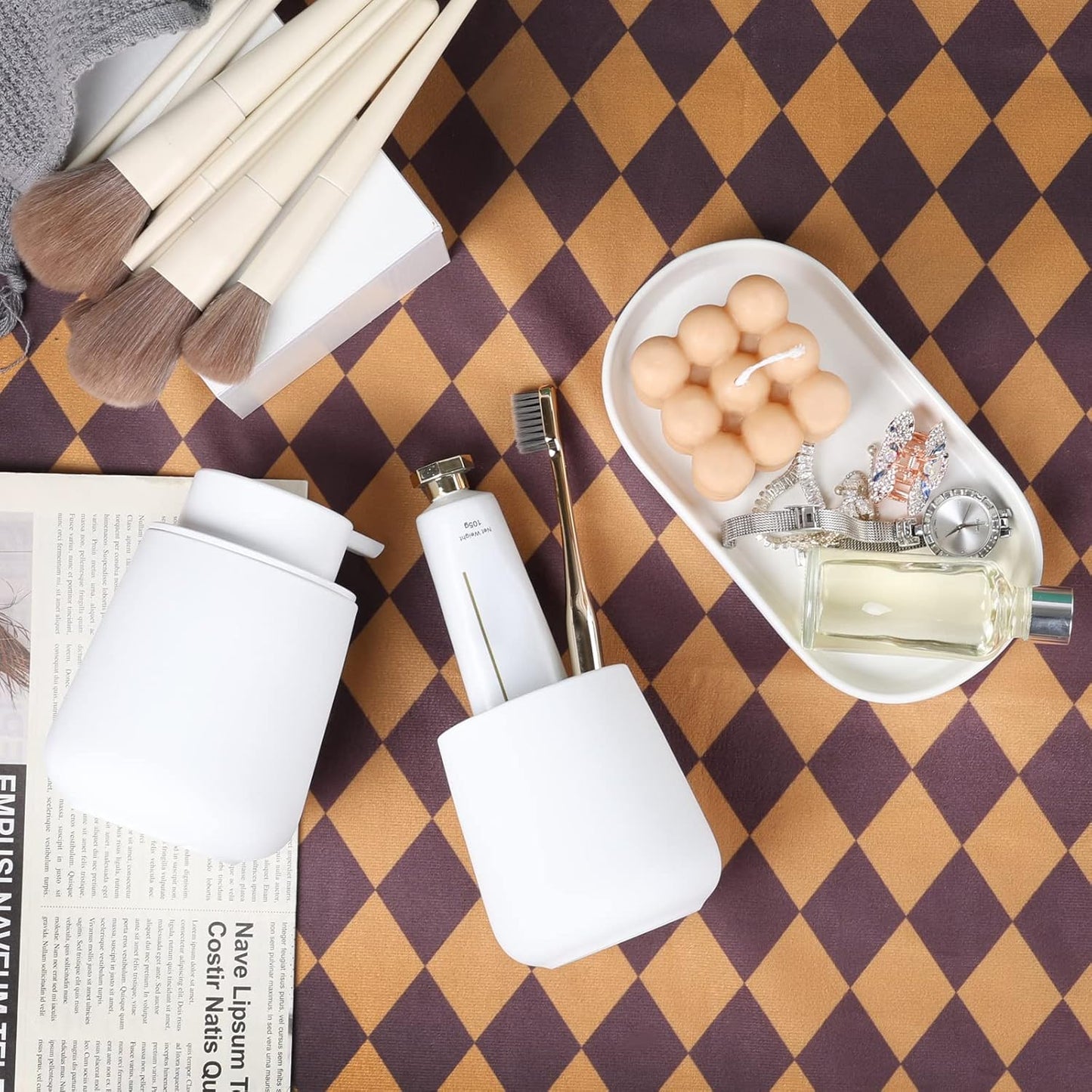 BosilunLife Bathroom Accessories Set 3 pcs - Bathroom Ceramic Foaming Soap Dispenser Set Farmhouse White Bathroom Decor, Foam Soap Dispenser and Toothbrush Holder/Tumbler Cup, Tray