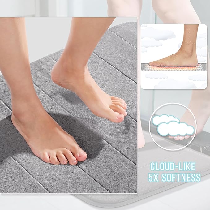 Yimobra Memory Foam Bath Mat, Super Soft Absorbent Bathroom Rug Non Slip 31.5x20 Inch, Quick Dry, Machine Washable Floor Carpet for Tub Shower, Home Decor Accessories, Gray
