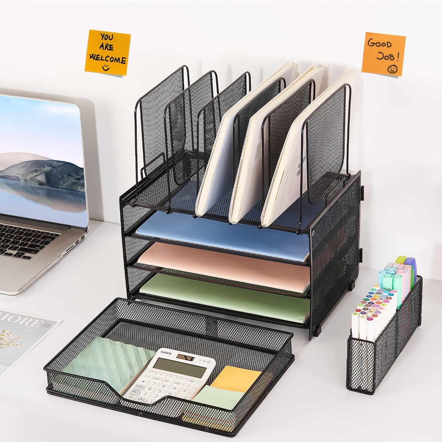 Desk Organizers and Accessories, 3-Tier Paper Organizer with 5 Vertical File Holders, File Organizer for Desk (Black With Drawer, 3T With Drawer)