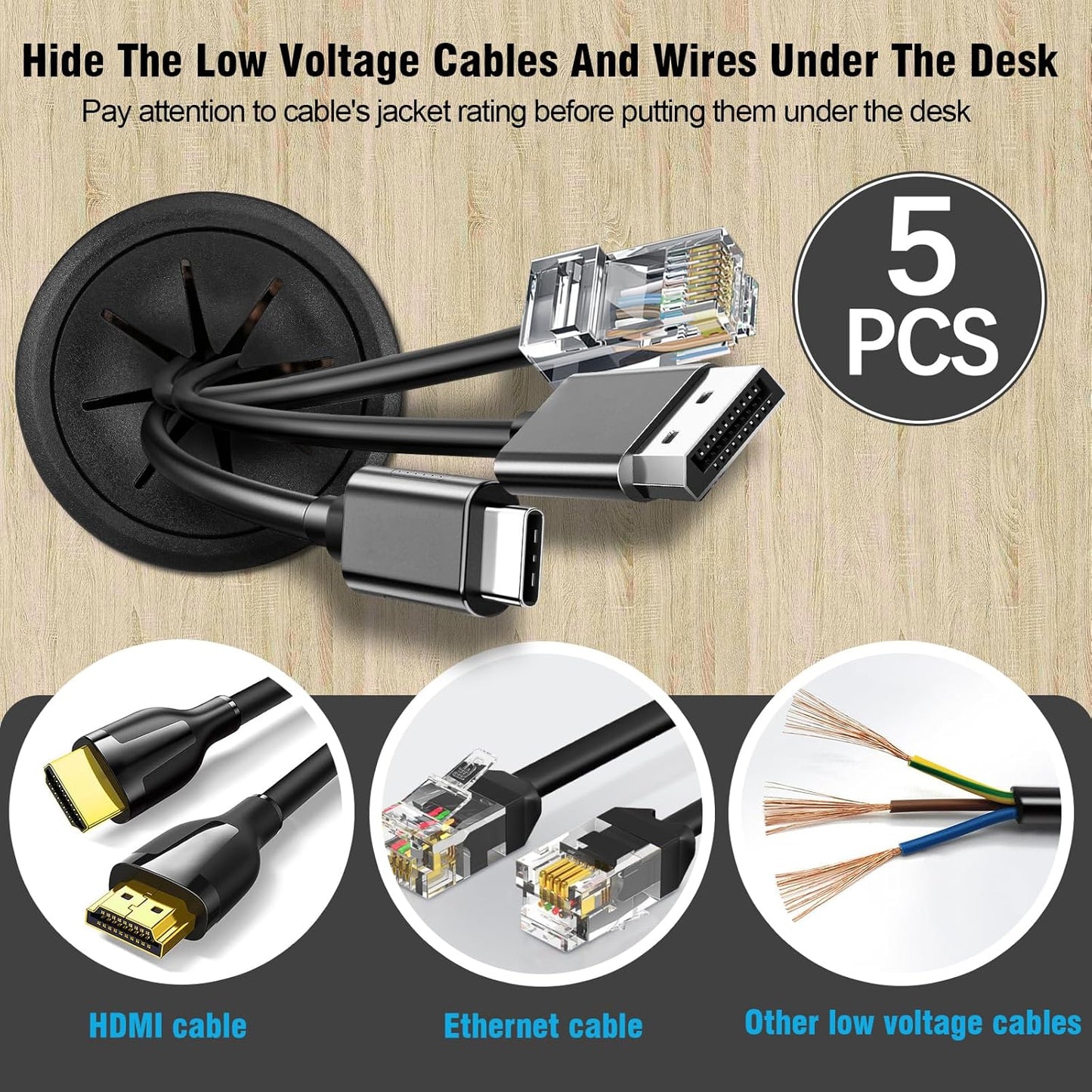 2" Black Desk Grommet, JTemgle Flexible Cable Grommet Plastic Cable Hole Cover Wire Organizer Caps Desktop Cord Management for Home Office TV Stands Tabletops, 5 Pieces