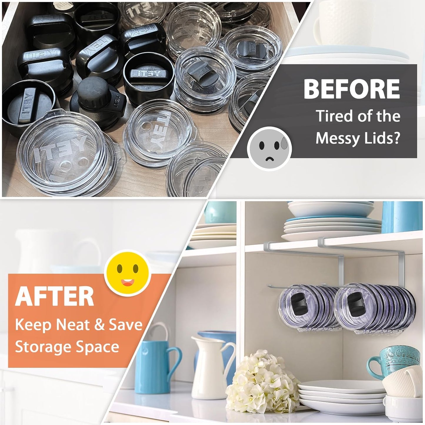 2 Pack Tumbler Lid Organizer, Horizontal Tumbler Lid Storage Hook to Hold Up 20 Lids, Space Saving Cup Lid Holders Under Cabinet Tumbler Lid Hook for Kitchen Organizer, Paper Towel Rack Hanger (Gray)