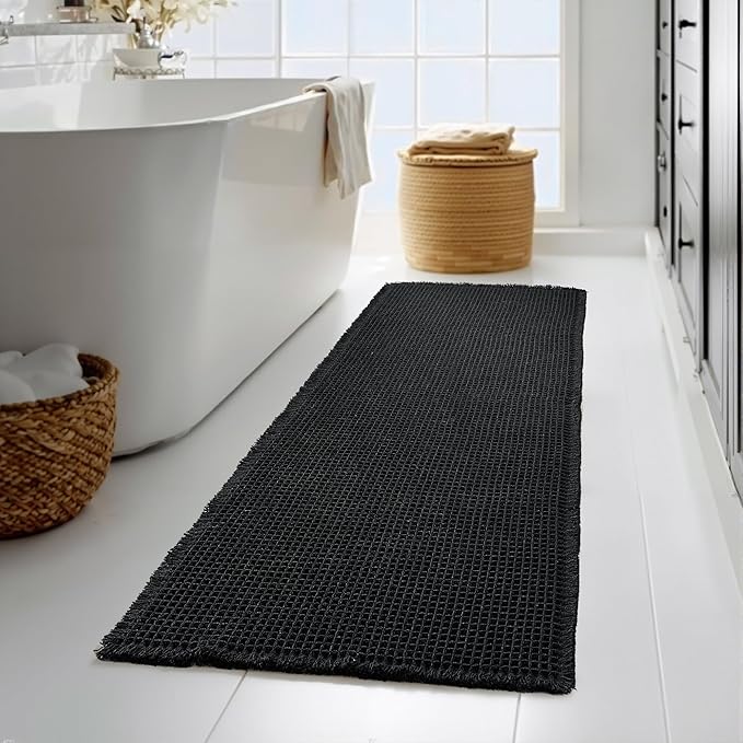 KGORGE Black Waffle Bath Mat, Ultra Soft 60" x 24" Long Bathroom Rug with Tassels, Non Slip Farmhouse Floor Cover Super Absorbent Quick Dry Large Rugs for Bathroom Shower Tub Toilet Kitchen, 1pc