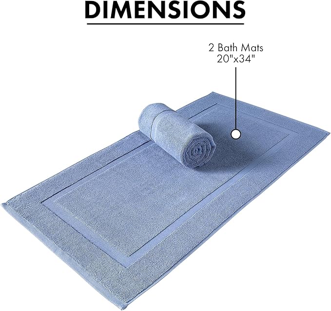 SALBAKOS 100% Turkish Cotton Bath Mat Set 2-Piece - 20x34 inch, Premium Quality Hotel & Spa Collection, Soft, Absorbent, Long Lasting, Durable Bathroom Rugs | Made in Turkey (Blue, 2 Bath Mats)