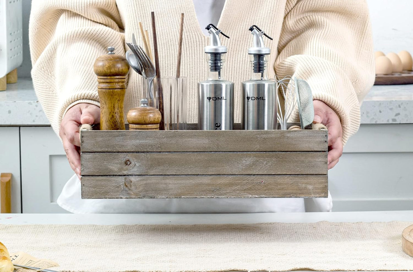 TIMRIS Rustic Wooden Toilet Paper Holder, Farmhouse Bathroom Decor, Toilet Tank Basket, Decorative Storage Container (Rustic Gray)