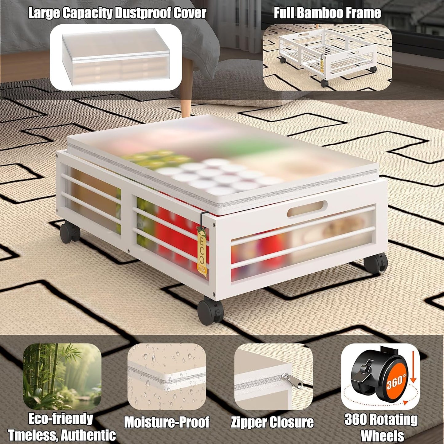 Bamboo Underbed Storage Containers with Wheels & Bag 2 Pack, Large Under Bed Rolling Storage Bins Wood Under Bed Clothes Storage Stackable Drawers for Bedroom Closet Under Crib Toy(White)