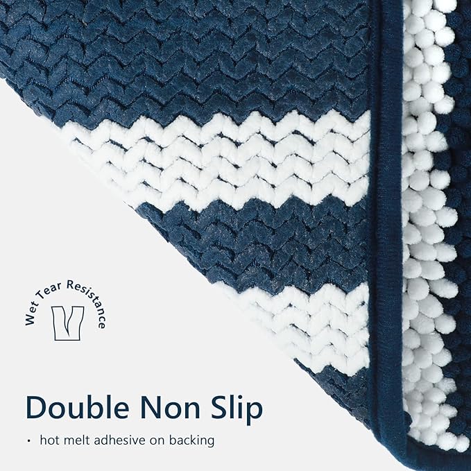 Tindbea Bathroom Rugs Set 2 Piece, Extra Soft and Absorbent Fluffy Striped Chenille Bath Mat Rug Set, Non Slip Bathroom Floor Mat, Machine Washable (20" x 32" Plus 20" x 32", Navy Blue)