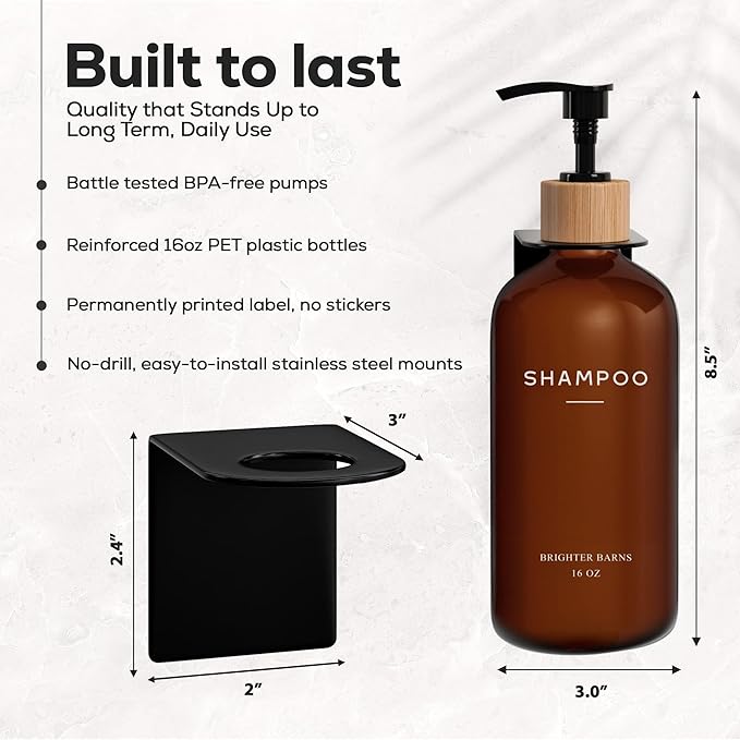 Amber Shampoo and Conditioner Dispenser Set Wall Mounted by Brighter Barns - Refillable Shampoo Dispenser for Shower Wall 3 Chamber No Drill - Plastic Shower Bottles for Guest Bathroom, Hotel (Amber)