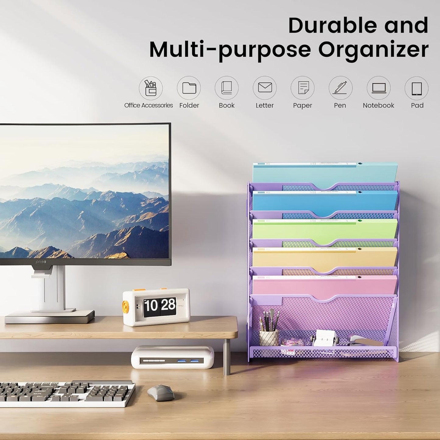 Hanging Wall File Organizer for Wall Mounted Mail Paper Folder Holder Document Organization Stand Desk File Organizer Tray for Office & Home Cubicle Countertop 6 Tier Purple