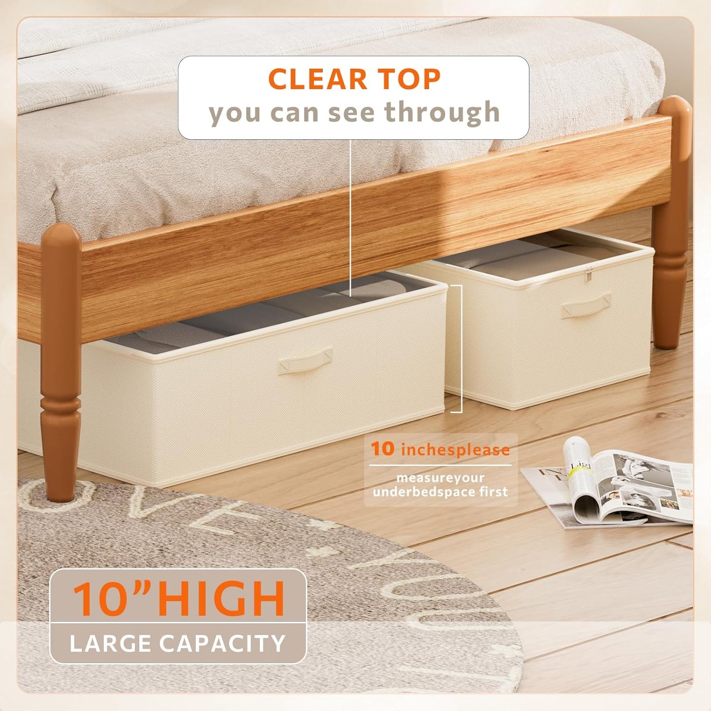 2 Pack Under Bed Storage Containers, 10 Inch Tall Underbed Clothes Storage Organizer Bin with Clear Window，Foldable Box Basket for Clothes, Closet, Bed Sheets and Blankets Beige