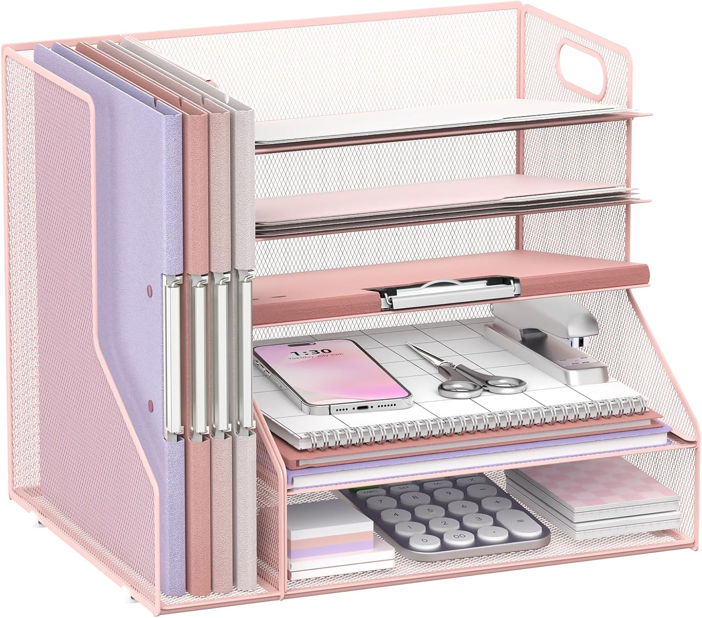 SUPEASY Desk Organizer with File Holder, 5-Tier Mesh Paper Letter Tray with Magazine Holder, Desktop Organizer and Storage for Desk Accessories Office Supplies, Pink
