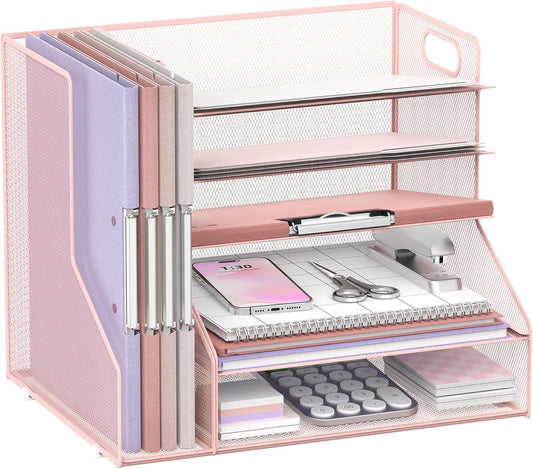 SUPEASY Desk Organizer with File Holder, 5-Tier Mesh Paper Letter Tray with Magazine Holder, Desktop Organizer and Storage for Desk Accessories Office Supplies, Pink