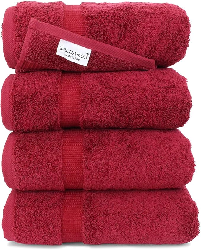 SALBAKOS 100% Turkish Cotton Bath Towel Set of 4 27x54 inch | Heirloom Quality | Hotel & Spa Collection | Ultra Soft, Super Absorbent, Long Lasting Bath Towels | Made in Turkey (Wine, 4 Bath Towels)