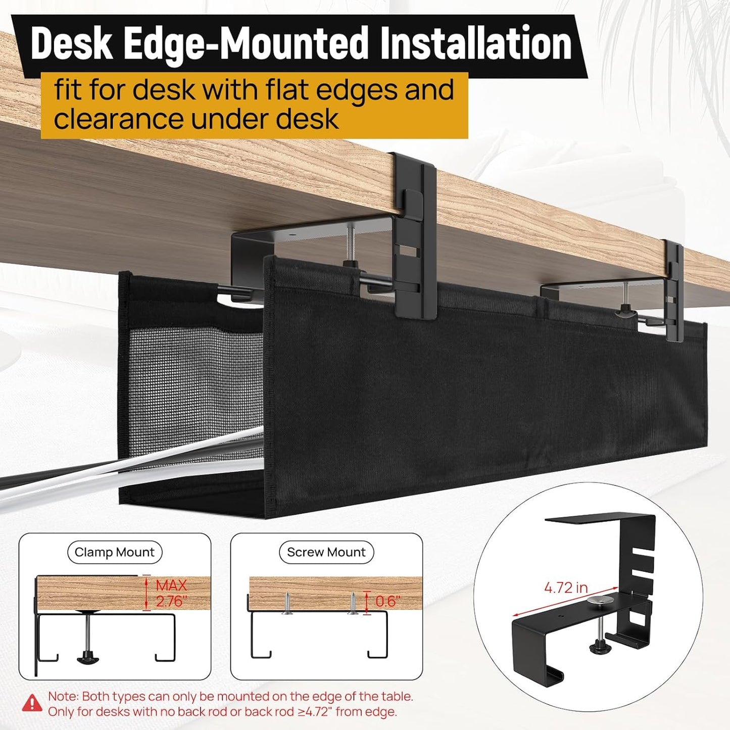 No Drill Under Desk Cable Management Tray, 27.56in Cord Management with Ventilated Mesh, Clamp/Screw Mount Cord Organizer, Fabric Standing Desk Cable Management for Office, Home