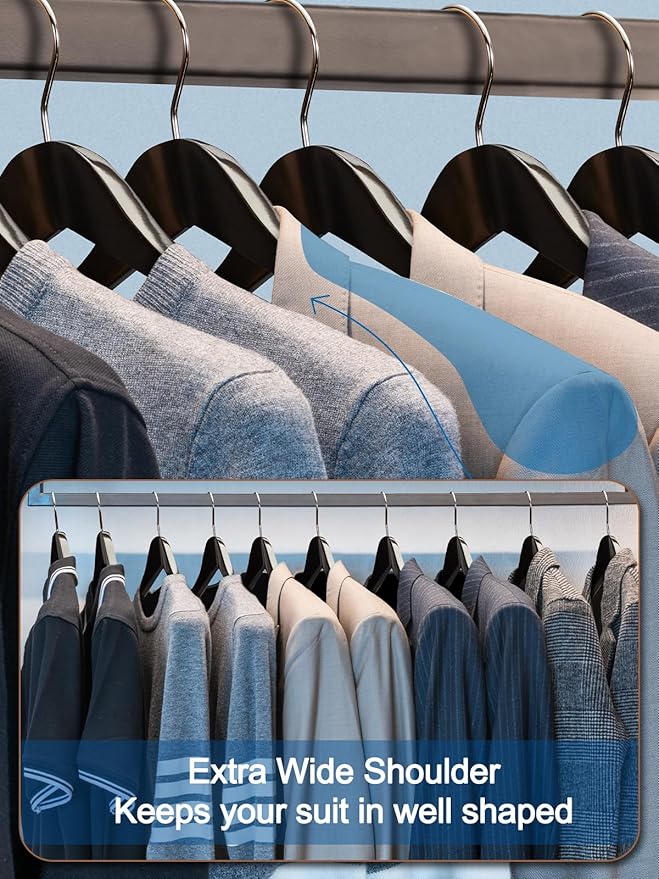 HOUSE DAY 19'' Extra Wide Shoulder Wooden Hangers 6 Pack, Premium Large Wood Suit Hangers with Non Slip Pant Holder, Wide Shoulder Hangers for Suits, Coats, Jackets, Heavy Wide Clothes Hanger, Black