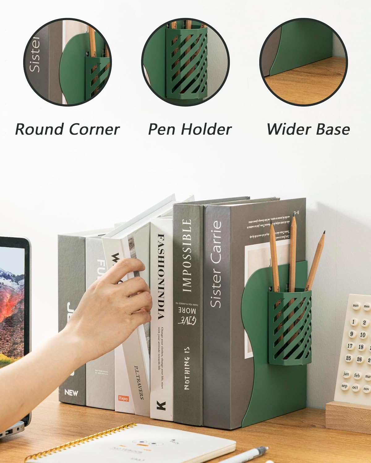 Kingsmile Book Ends, Adjustable Bookends for Shelves, Metal Bookends for Heavy Books, Book Stopper Organzier with Pen Holder for Desk, Kids Room, Office, Classroom, Library, Study Room.(Green)