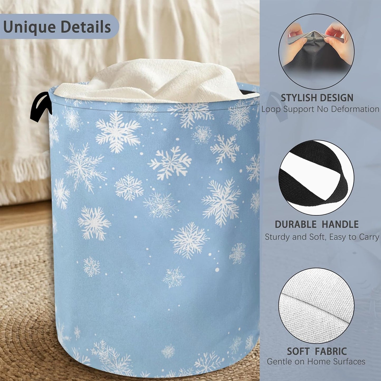 Snowflakes Christmas Laundry Basket,Oxford Cloth Laundry Hamper with Handle Foldable Portable Clothes Storage Basket for Bathroom Bedroom Dorm Room 16" x 20.8"